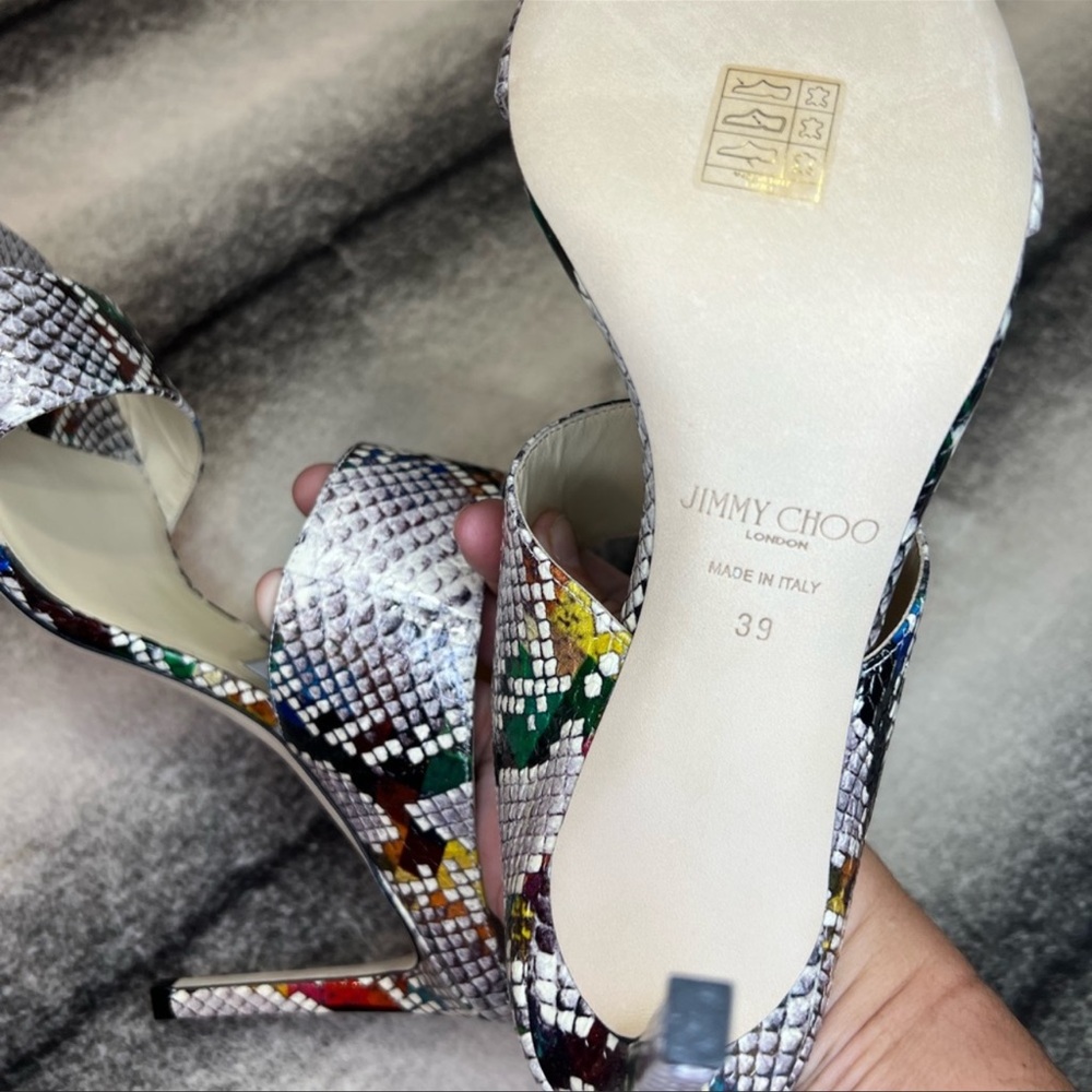 Jimmy Choo Hira 85 Multi Mix Glossy Rainbow Elaphe Snakeskin Mule Heels Sandals - Picture 7 of 8